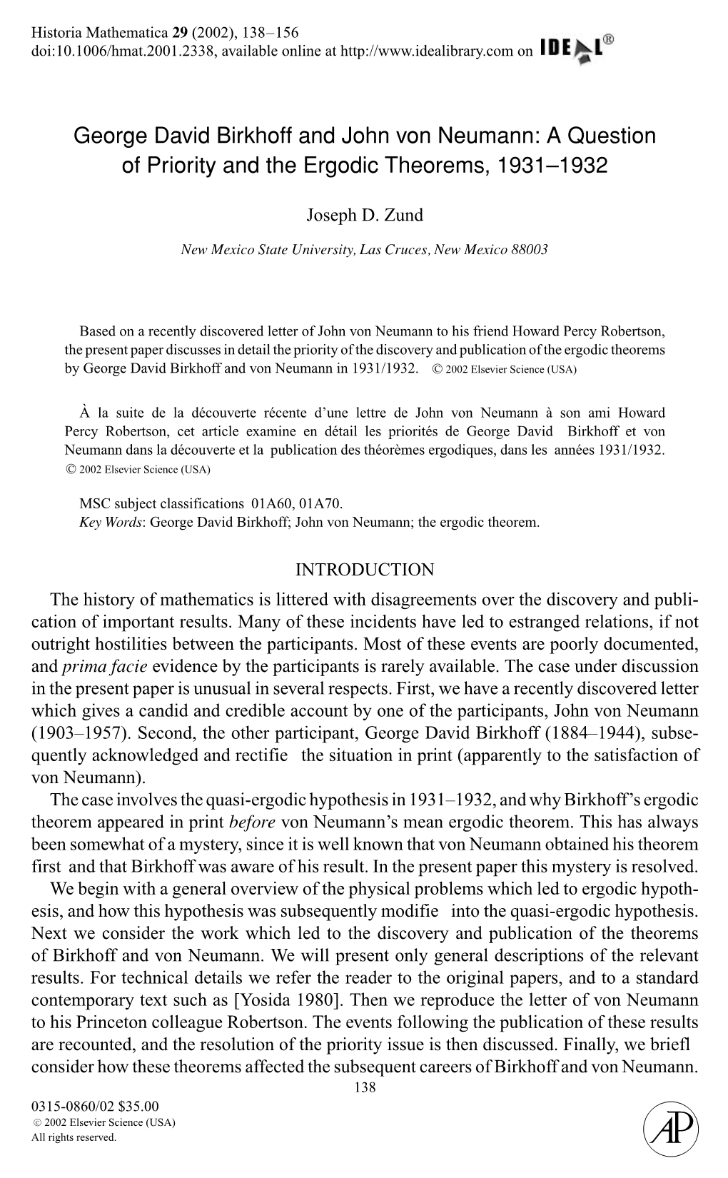 George David Birkhoff and John Von Neumann: a Question of Priority and the Ergodic Theorems, 1931–1932