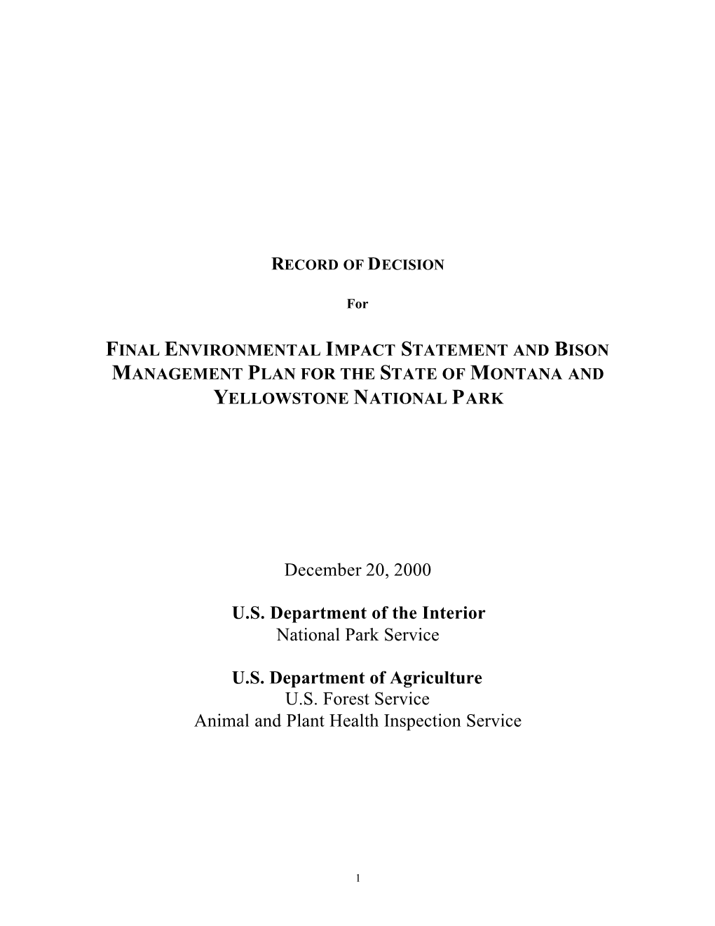 Final Environmental Impact Statement and Bison Management Plan for the State of Montana and Yellowstone National Park