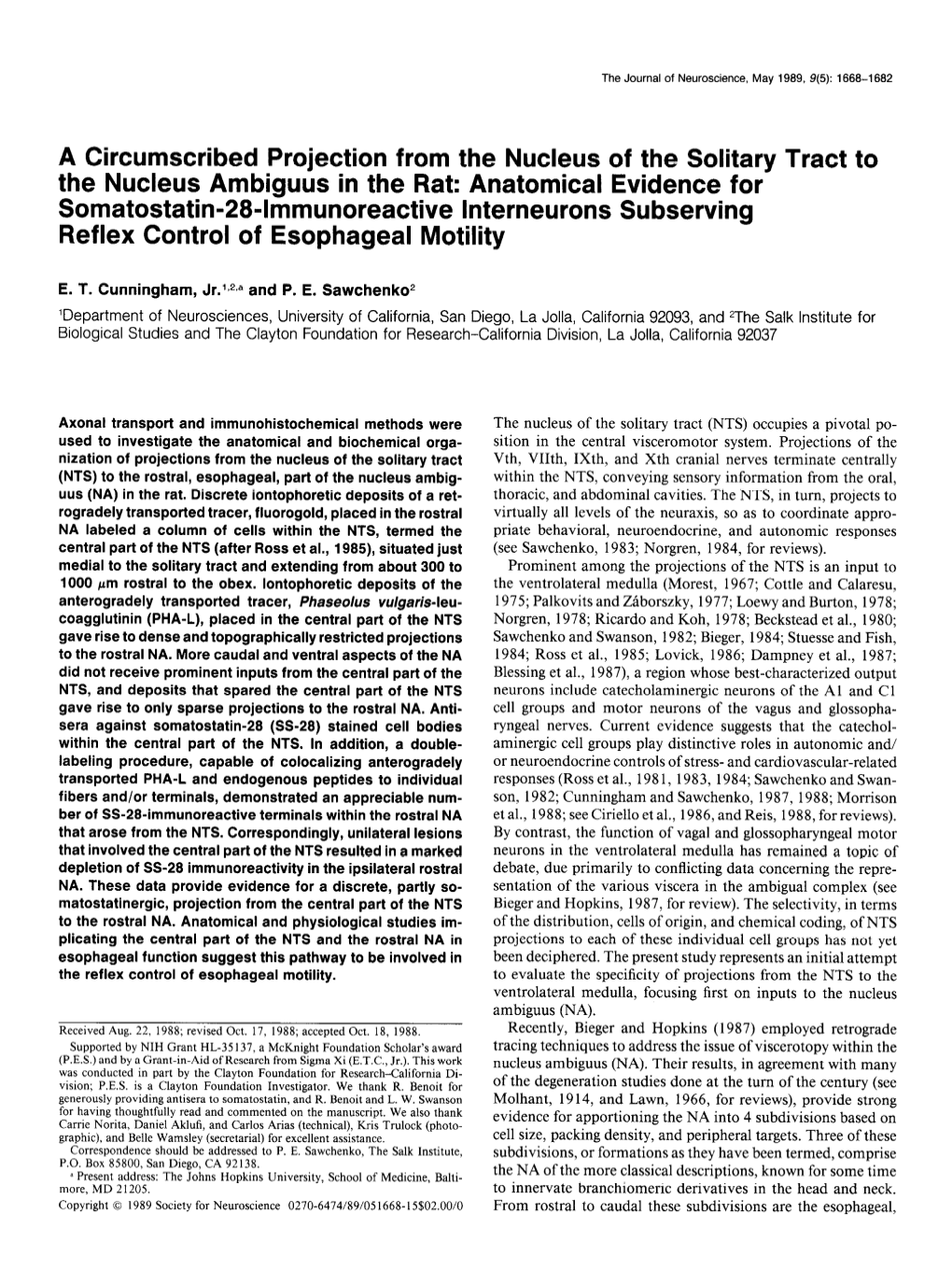 A Circumscribed Projection from the Nucleus of the Solitary Tract to The