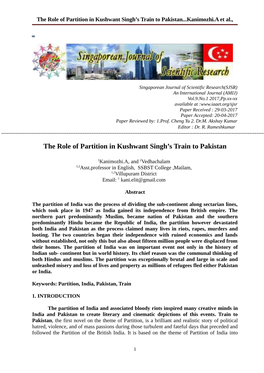 The Role of Partition in Kushwant Singh's Train to Pakistan