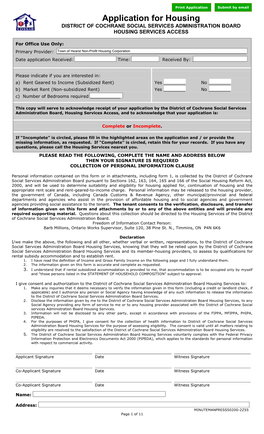 Application for Housing DISTRICT of COCHRANE SOCIAL SERVICES ADMINISTRATION BOARD HOUSING SERVICES ACCESS