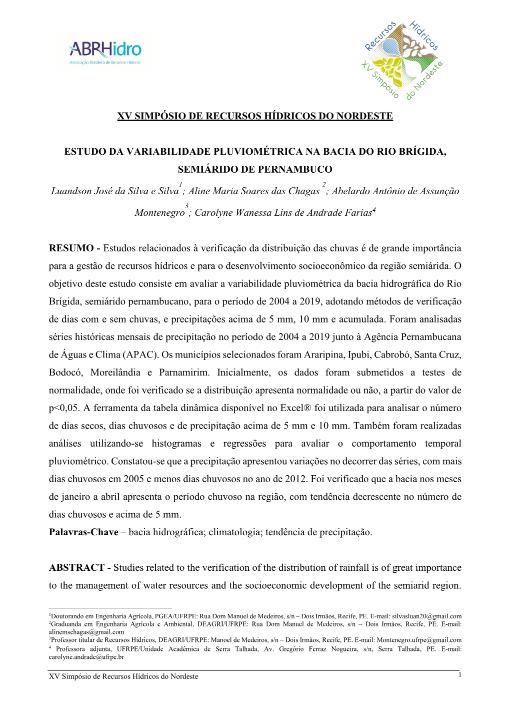 Xv Simpósio De Recursos Hídricos Do Nordeste