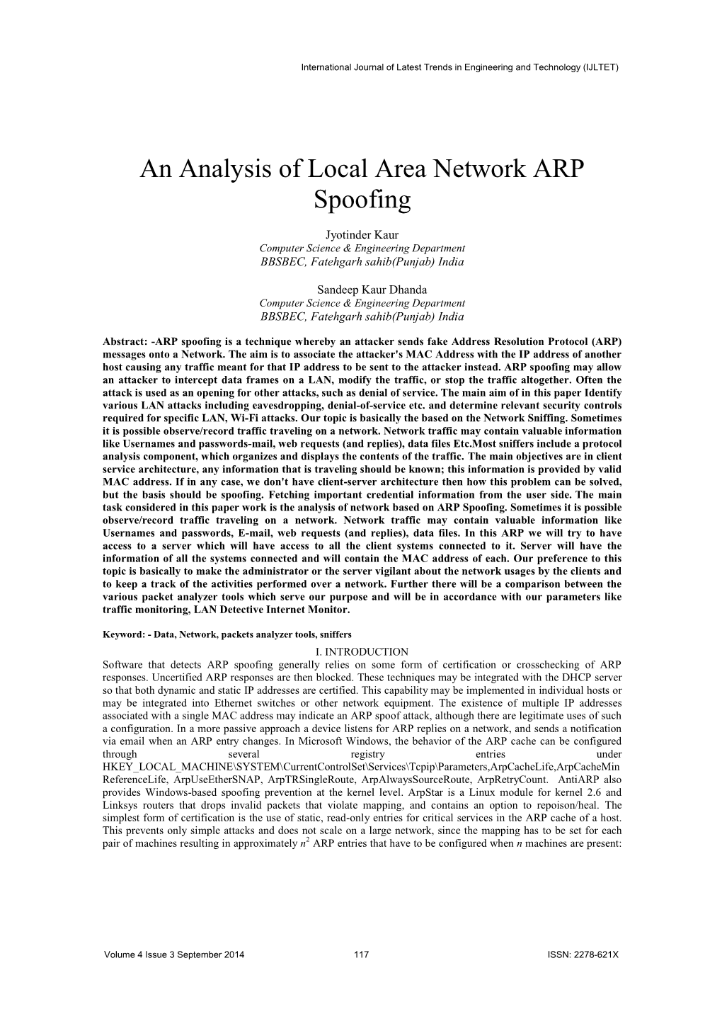 An Analysis of Local Area Network ARP Spoofing