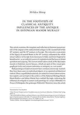 In the Footsteps of Classical Antiquity. Influences of the Antique in Estonian Manor Murals