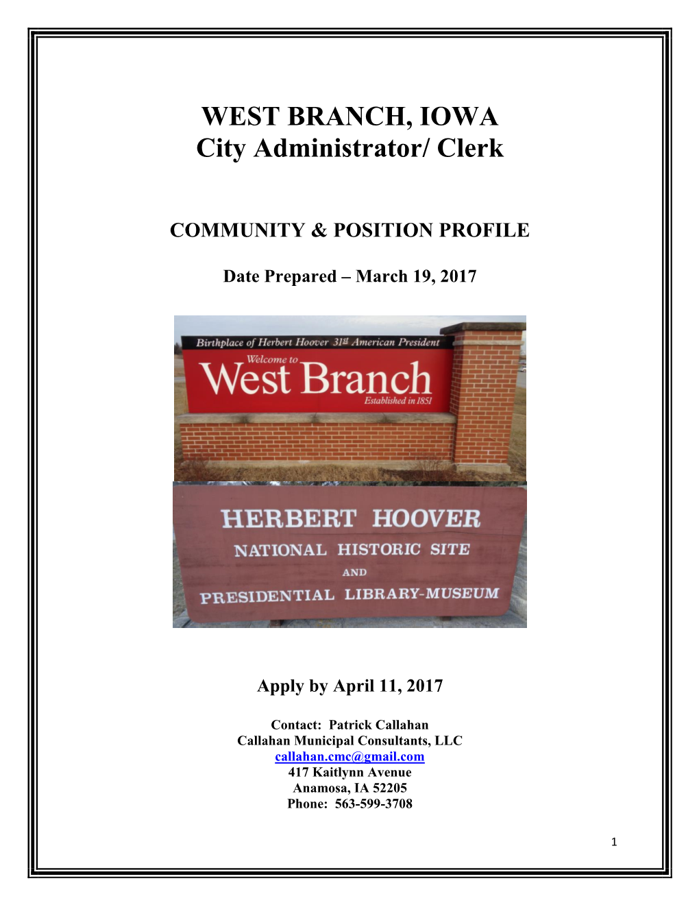 WEST BRANCH, IOWA City Administrator/ Clerk