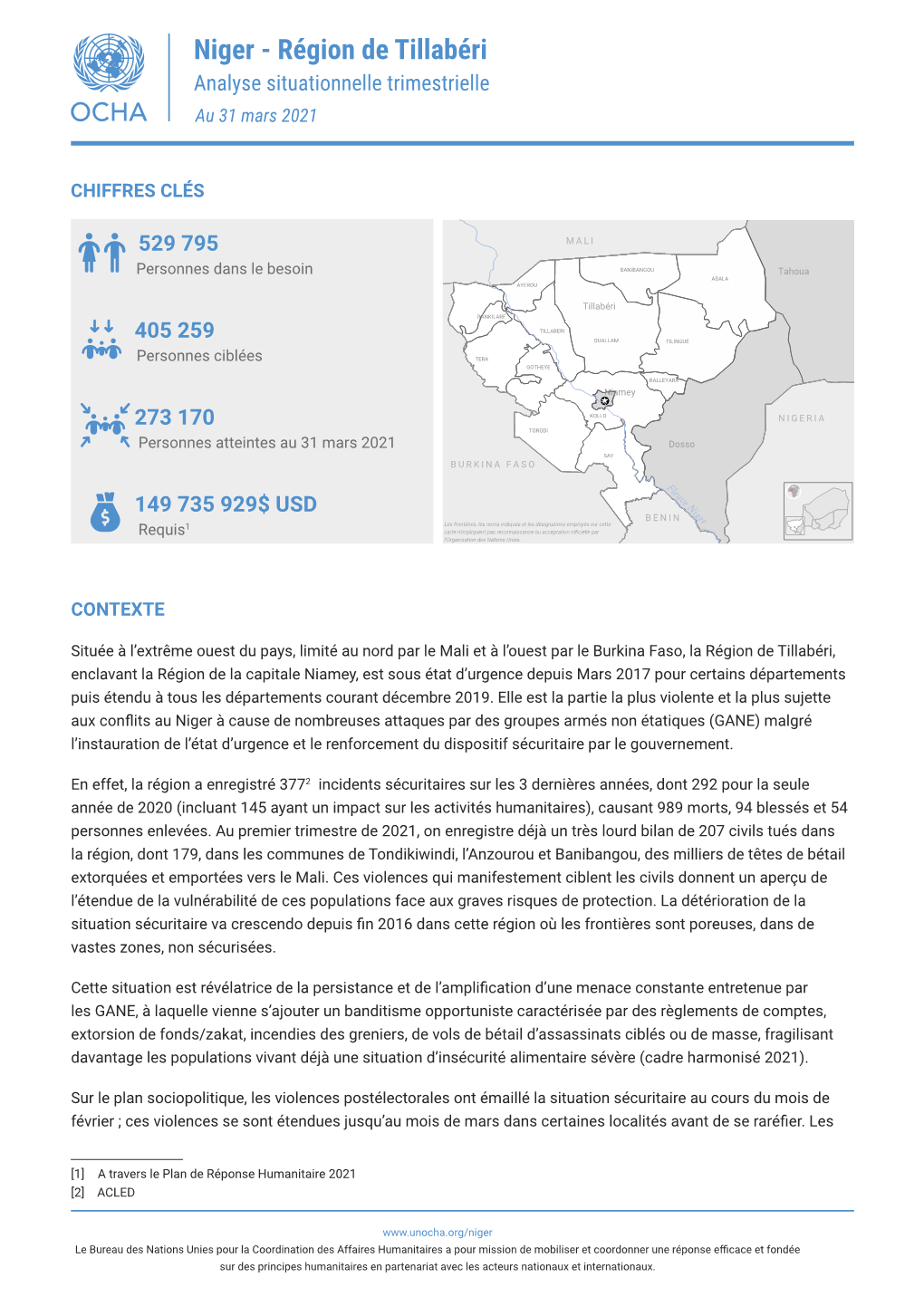 Niger - Région De Tillabéri Analyse Situationnelle Trimestrielle Au 31 Mars 2021