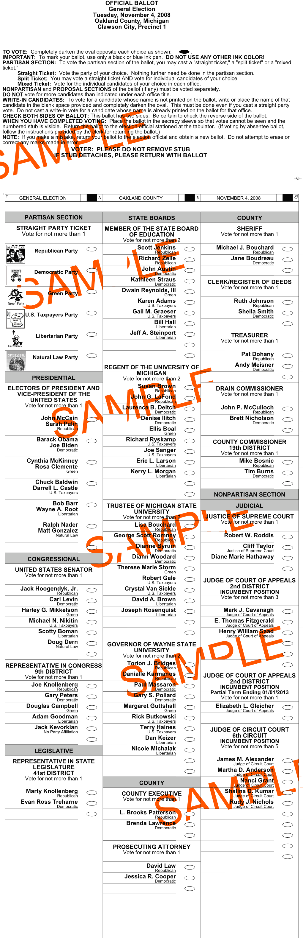 OFFICIAL BALLOT General Election Tuesday, November 4, 2008 Oakland County, Michigan Clawson City, Precinct 1 VOTER