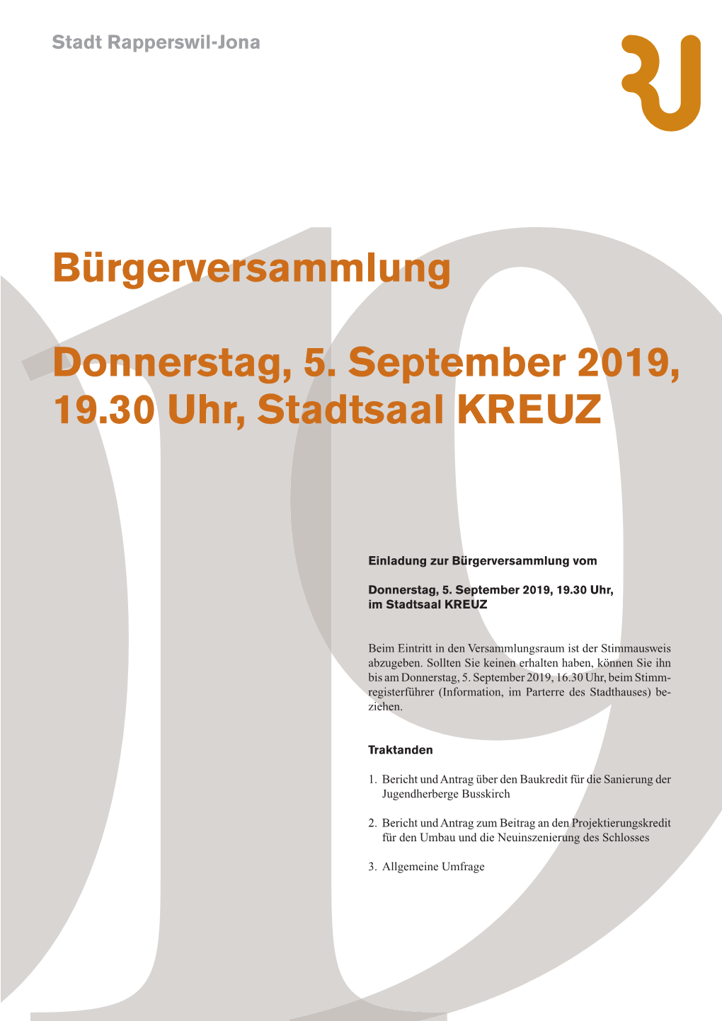 Bürgerversammlung Donnerstag, 5. September 2019, 19.30 Uhr