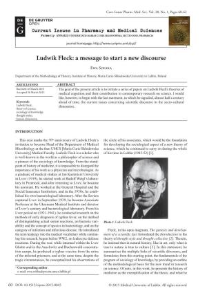 Ludwik Fleck: a Message to Start a New Discourse Ewa Solska
