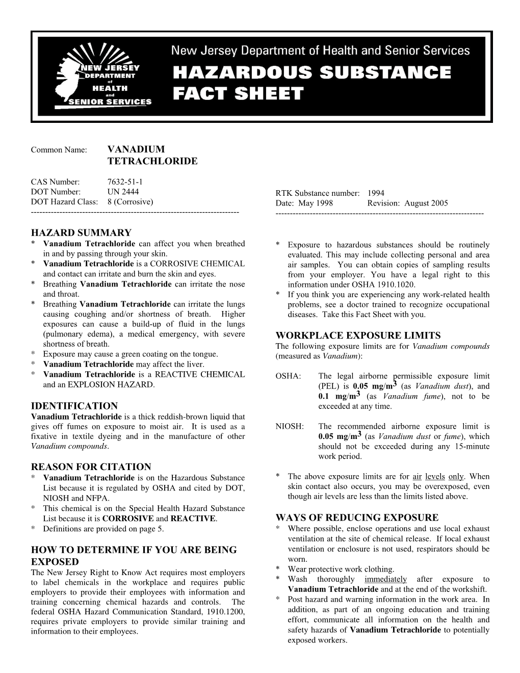 Vanadium Tetrachloride Hazard Summary