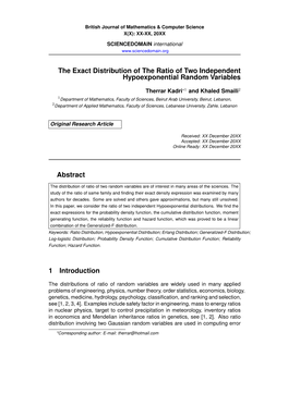 The Exact Distribution of the Ratio of Two Independent Hypoexponential Random Variables Abstract 1 Introduction