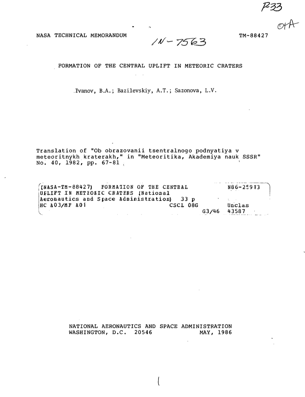 Nasa Technical Memorandum Tm-88427 Formation of The