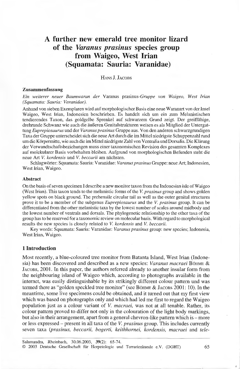 A Further New Emerald Tree Monitor Lizard of the Varanus Prasinus Species Group from Waigeo, West Irian (Squamata: Sauria: Varanidae)