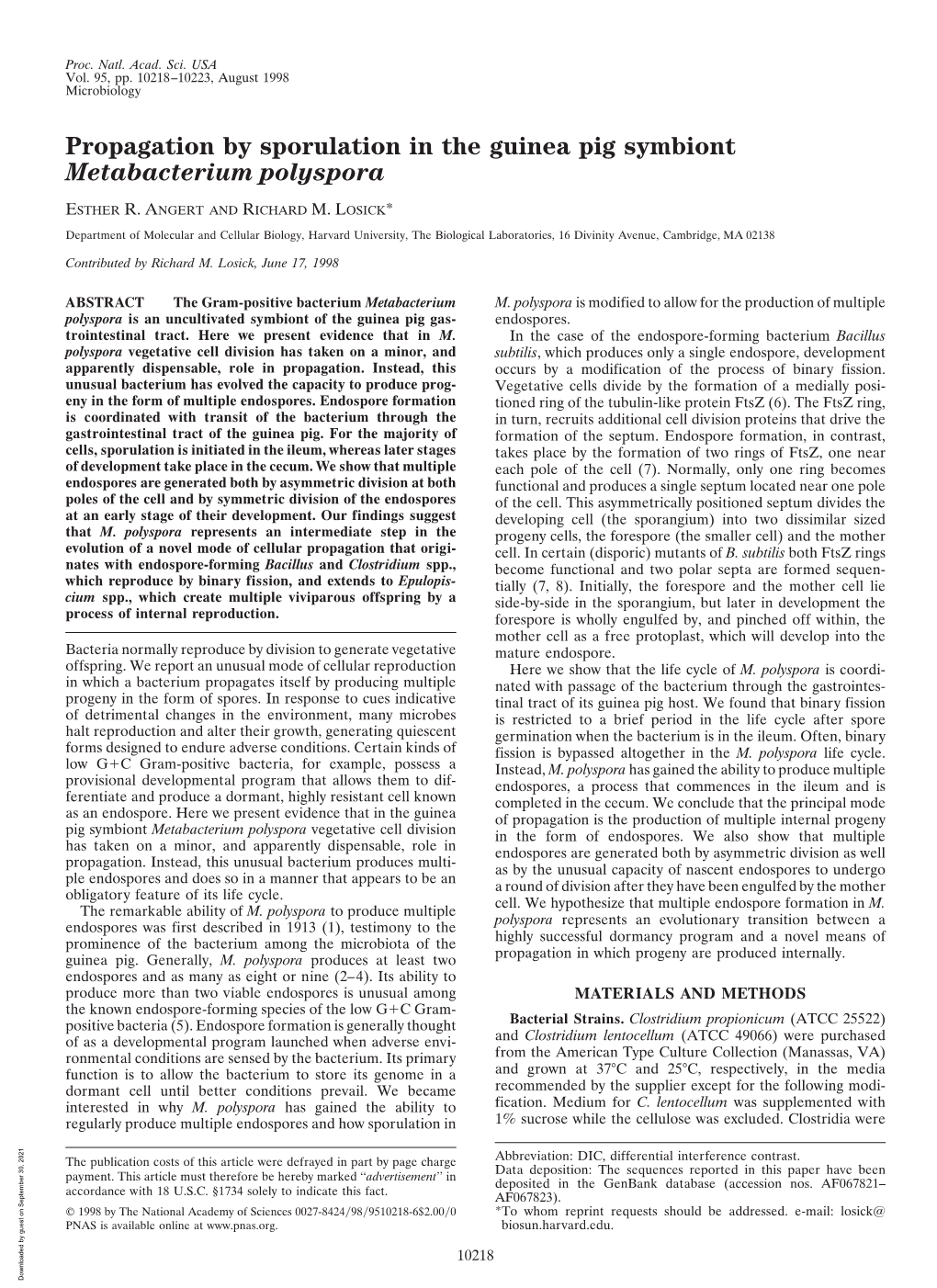 Propagation by Sporulation in the Guinea Pig Symbiont Metabacterium Polyspora