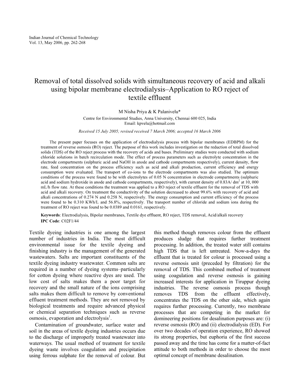 Removal of Total Dissolved Solids with Simultaneous Recovery of Acid and Alkali Using Bipolar Membrane Electrodialysis–Application to RO Reject of Textile Effluent