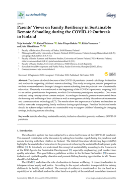 Parents' Views on Family Resiliency in Sustainable Remote Schooling During the COVID-19 Outbreak in Finland