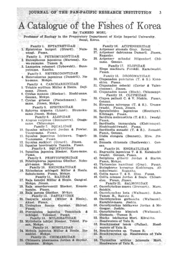 A Catalogue of the Fishes of Korea by TAMEZO MORI, Professor of Zoology in the Preparatory Department of Keijo Imperial University