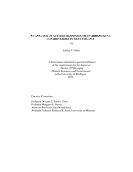 AN ANALYSIS of ACTIVIST RESPONSES to ENVIRONMENTAL CONTROVERSIES in WEST VIRGINIA By