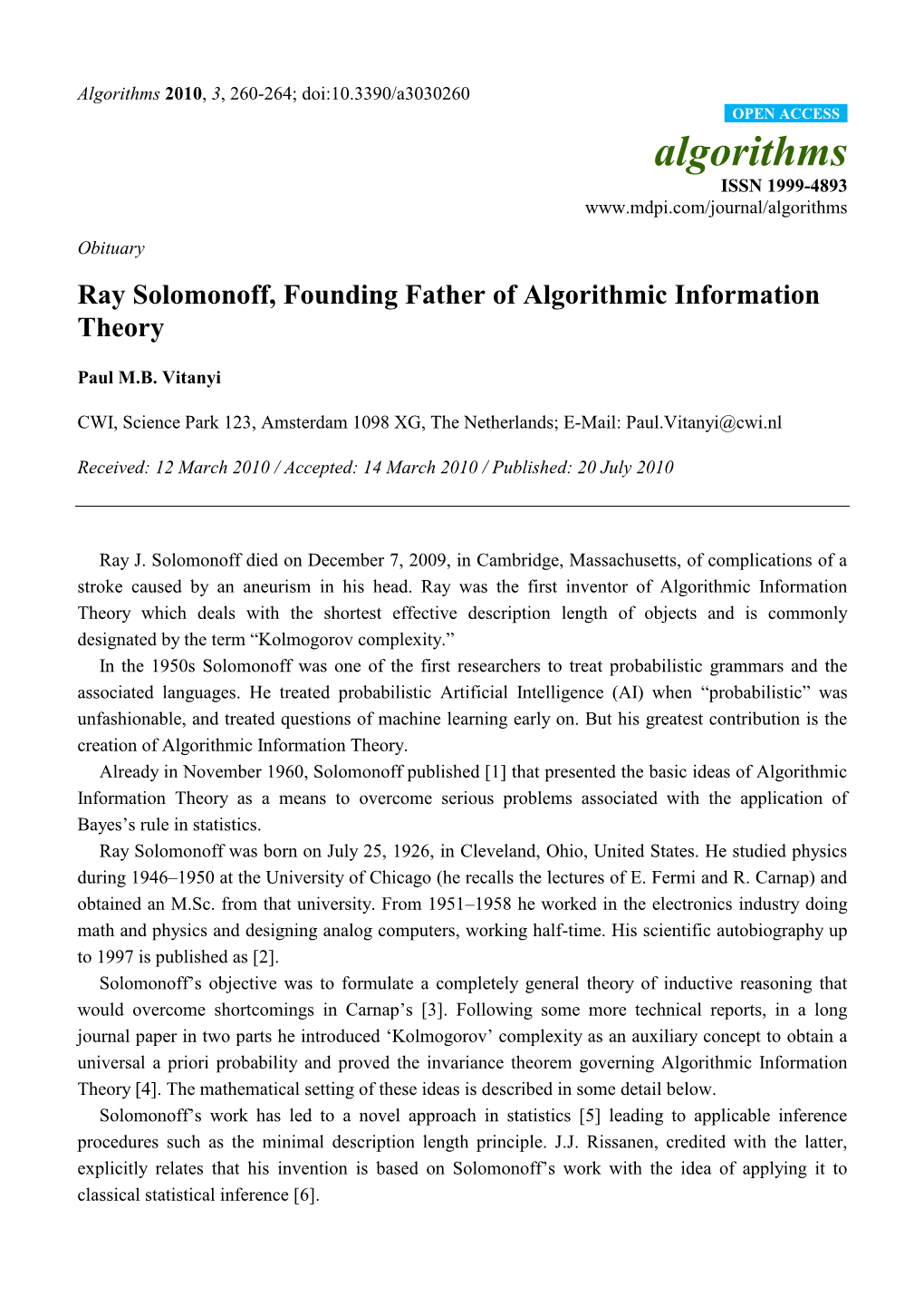 Ray Solomonoff, Founding Father of Algorithmic Information Theory