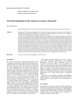 Terrestrial Adaptations in the Anomura (Crustacea: Decapoda): Memoirs of Museum Victoria. 60(1): 13-26 (2003). 14P