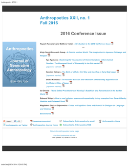 Anthropoetics XXII, No. 1 Fall 2016 2016 Conference Issue