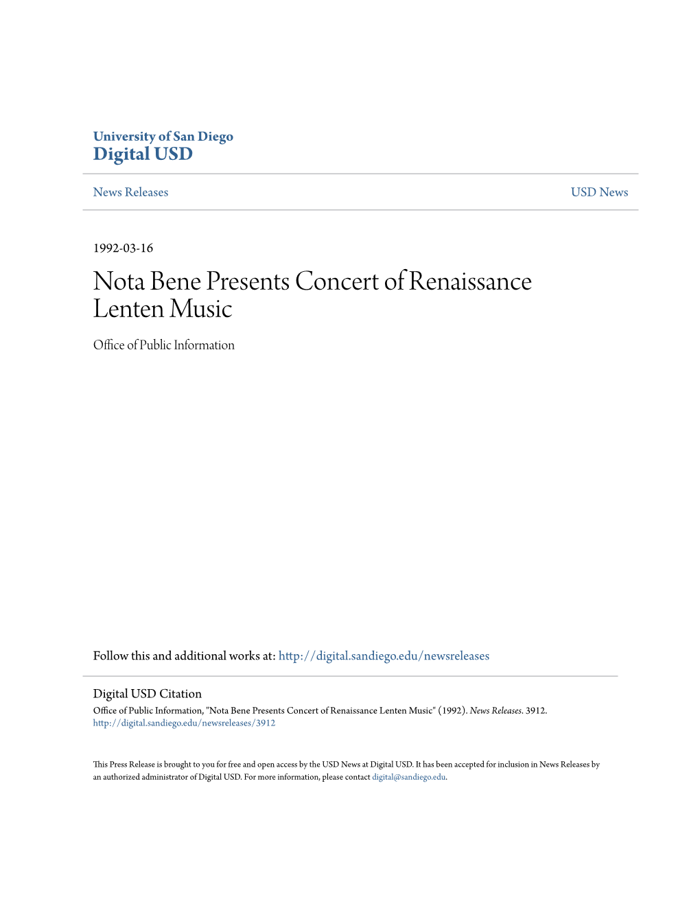 Nota Bene Presents Concert of Renaissance Lenten Music Office of Publicnfor I Mation