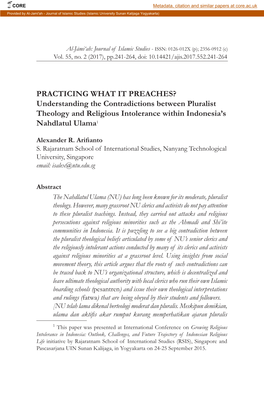 Understanding the Contradictions Between Pluralist Theology and Religious Intolerance Within Indonesia’S Nahdlatul Ulama1