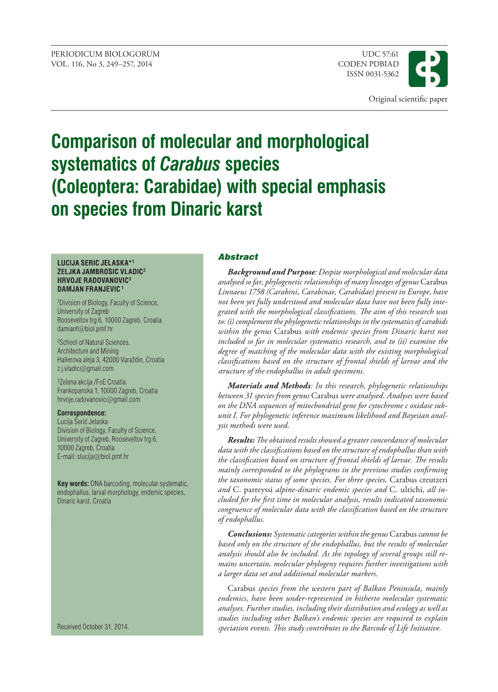 Coleoptera: Carabidae) with Special Emphasis on Species from Dinaric Karst