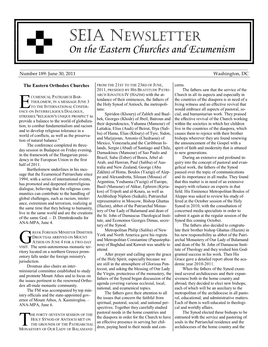 SEIA NEWSLETTER on the Eastern Churches and Ecumenism ______Number 189: June 30, 2011 Washington, DC