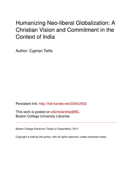 Humanizing Neo-Liberal Globalization: a Christian Vision and Commitment in the Context of India