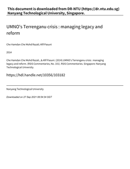 UMNO's Terrenganu Crisis : Managing Legacy and Reform