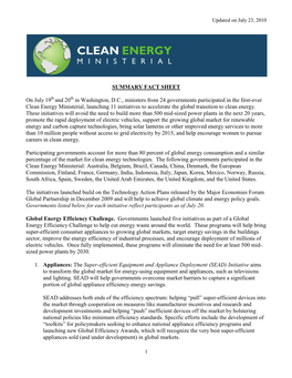 SUMMARY FACT SHEET on July 19 and 20 in Washington, D.C., Ministers from 24 Governments Participated in the First-Ever Clean