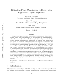 Estimating Player Contribution in Hockey with Regularized Logistic Regression Arxiv:1209.5026V2 [Stat.AP] 12 Jan 2013
