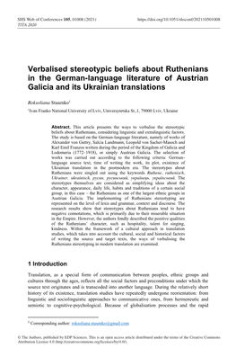 Verbalised Stereotypic Beliefs About Ruthenians in the German-Language Literature of Austrian Galicia and Its Ukrainian Translations