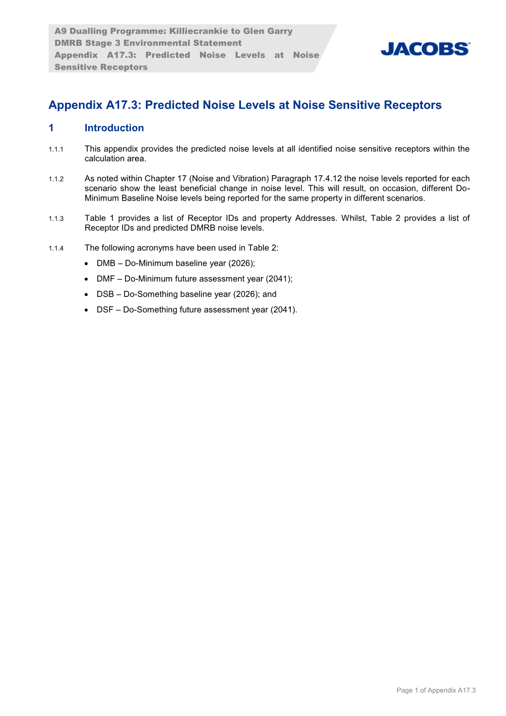 Appendix A17.3: Predicted Noise Levels at Noise Sensitive Receptors