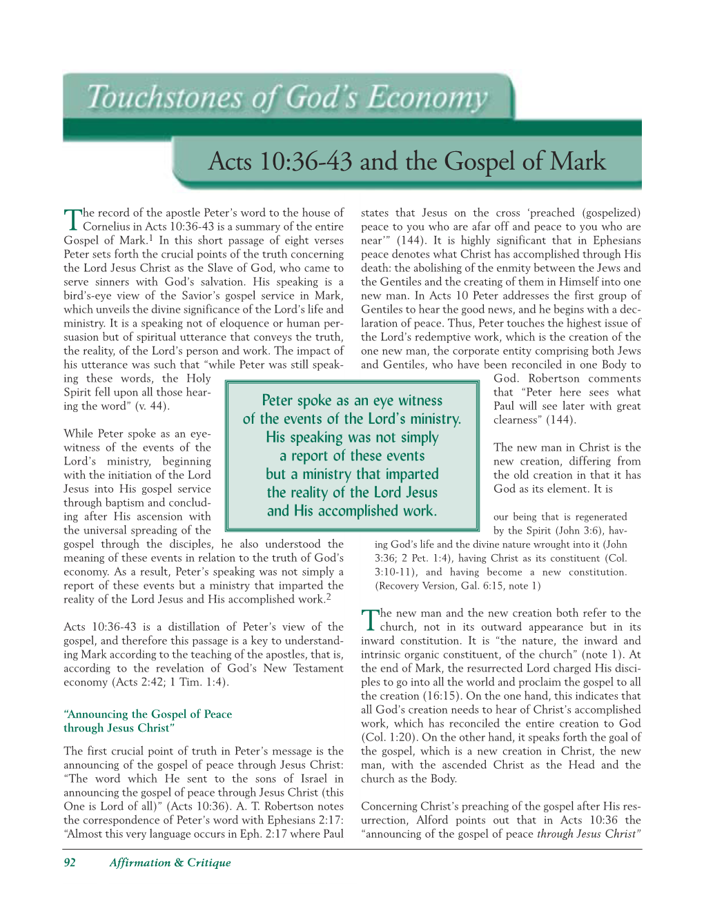 Touchstones of God's Economy Acts 10:36-43 and the Gospel of Mark