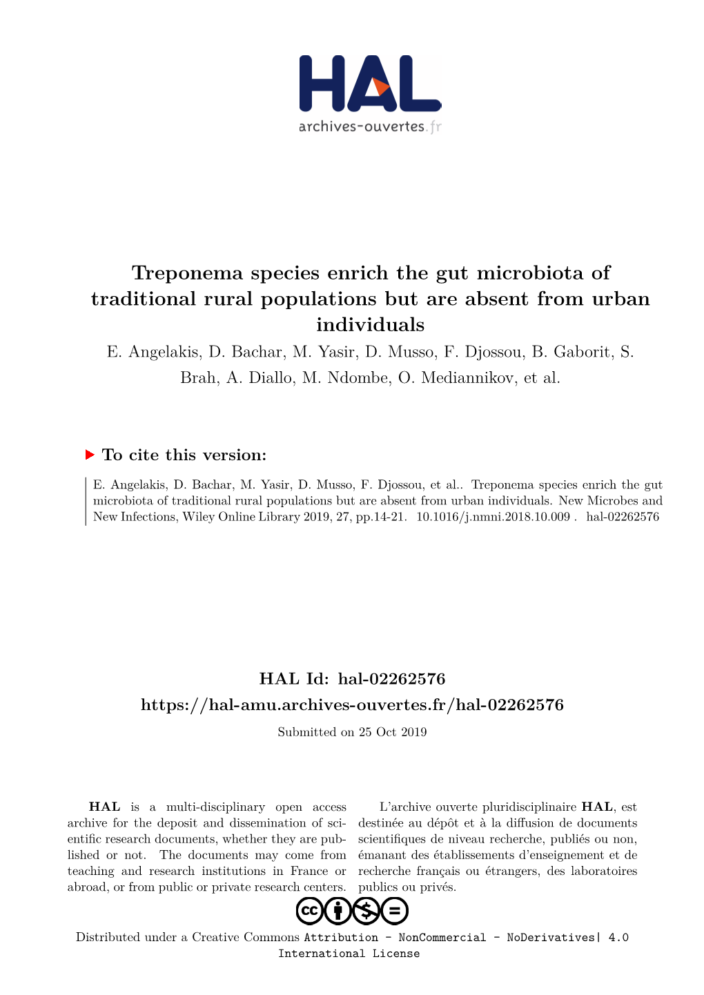 Treponema Species Enrich the Gut Microbiota of Traditional Rural Populations but Are Absent from Urban Individuals E