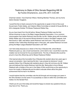 Testimony to State of Ohio Senate Regarding HB 59 by Frankie Dicarlantonio, June 27Th, 2017, 9:45 AM