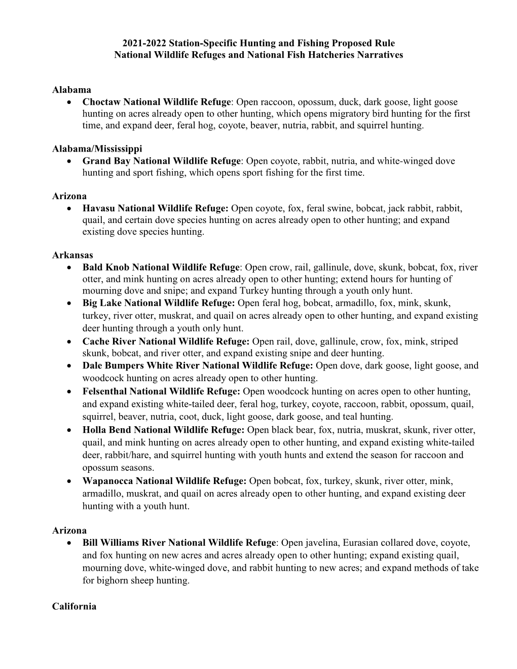 2021-2022 Station-Specific Hunting and Fishing Proposed Rule, National Wildlife Refuges and National Fish Hatcheries Narratives