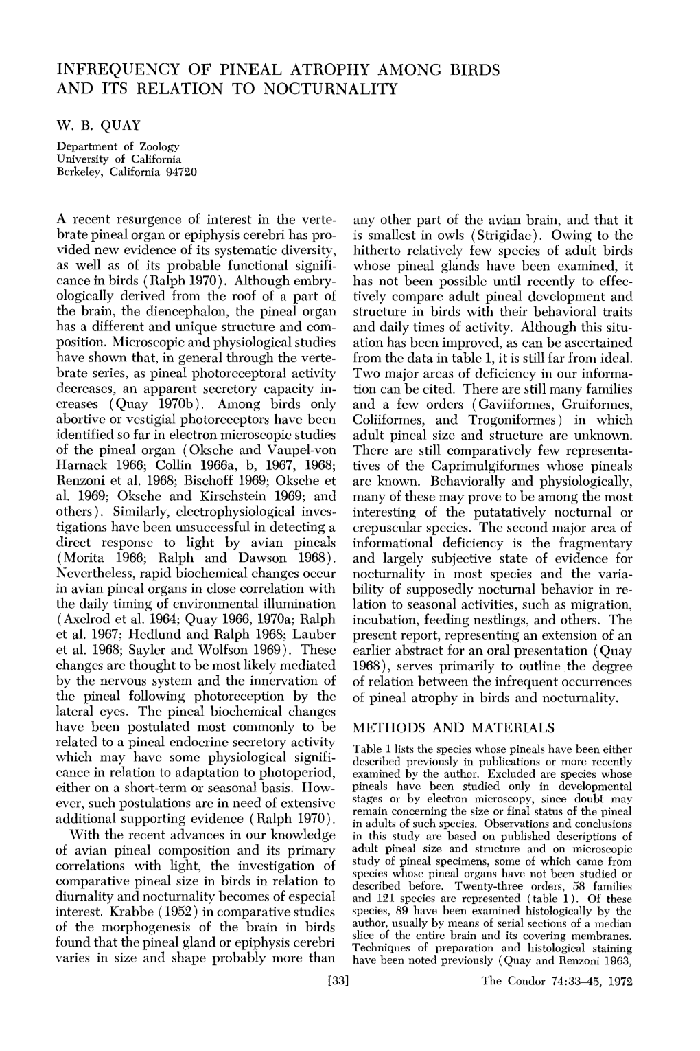 Infrequency of Pineal Atrophy Among Birds and Its Relation to Nocturnality