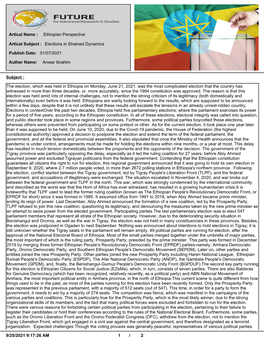 Ethiopian Perspective Artical Name : Elections in Strained Dynamics Artical Subject : 01/07/2021 Publish Date: Anwar Ibrahim