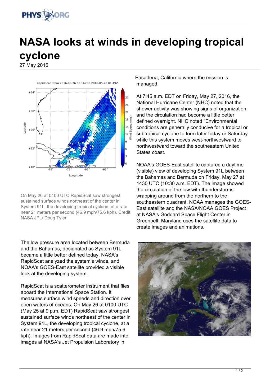 NASA Looks at Winds in Developing Tropical Cyclone 27 May 2016