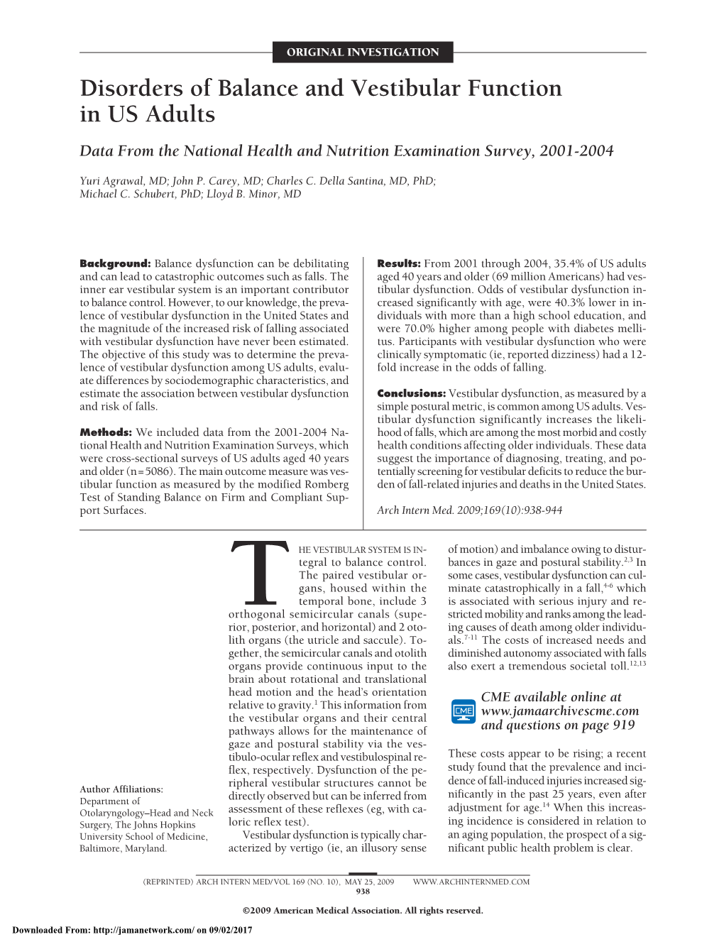 Disorders of Balance and Vestibular Function in US Adultsdata from the National Health and Nutrition Examination Survey, 2001-20