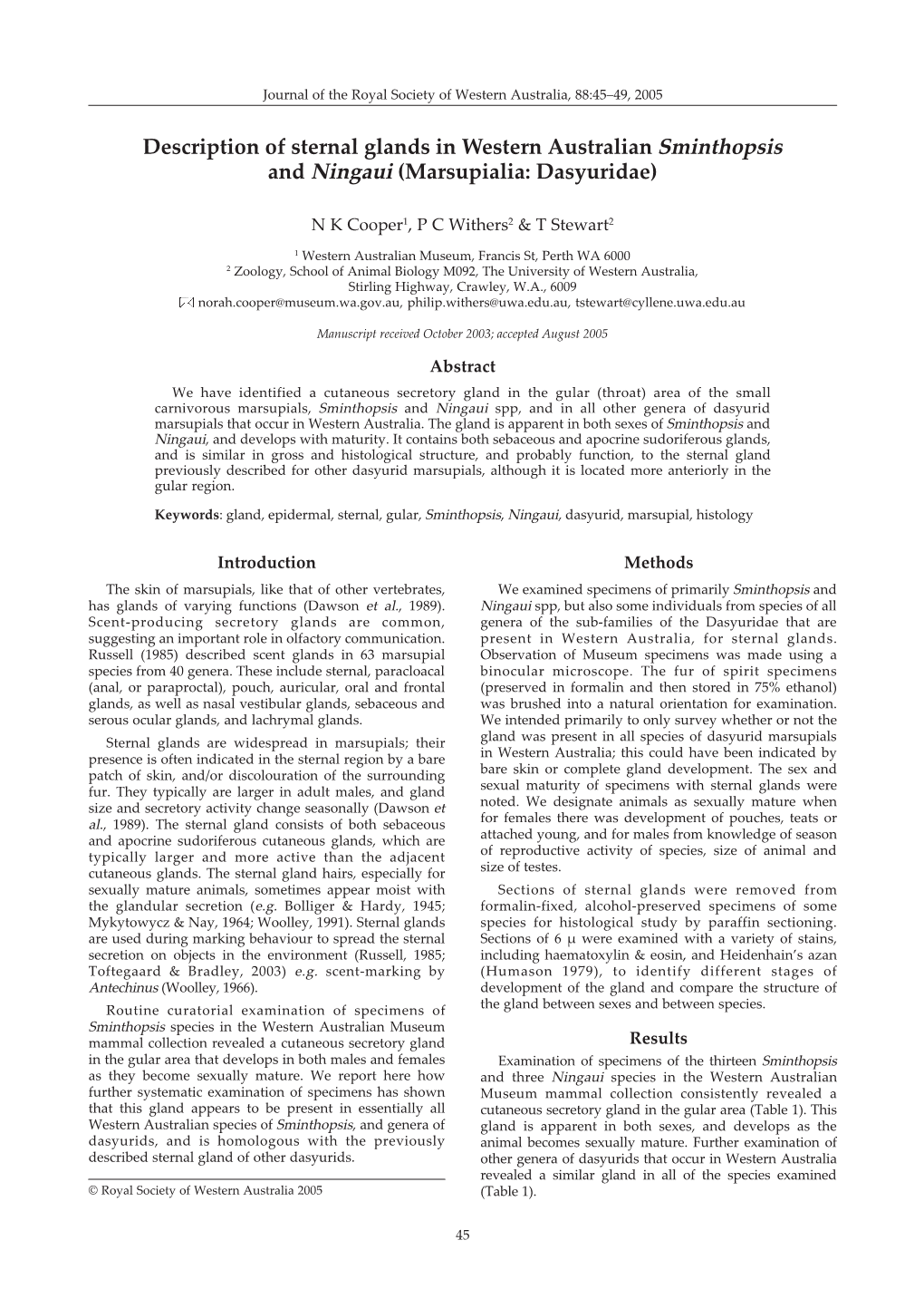 Description of Sternal Glands in Western Australian Sminthopsis and Ningaui (Marsupialia: Dasyuridae)