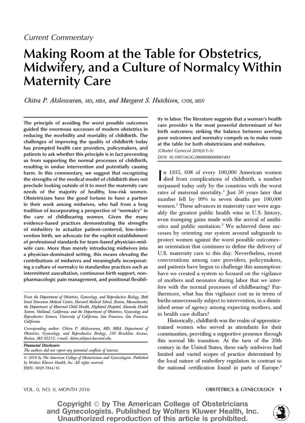 Making Room at the Table for Obstetrics, Midwifery, and a Culture of Normalcy Within Maternity Care