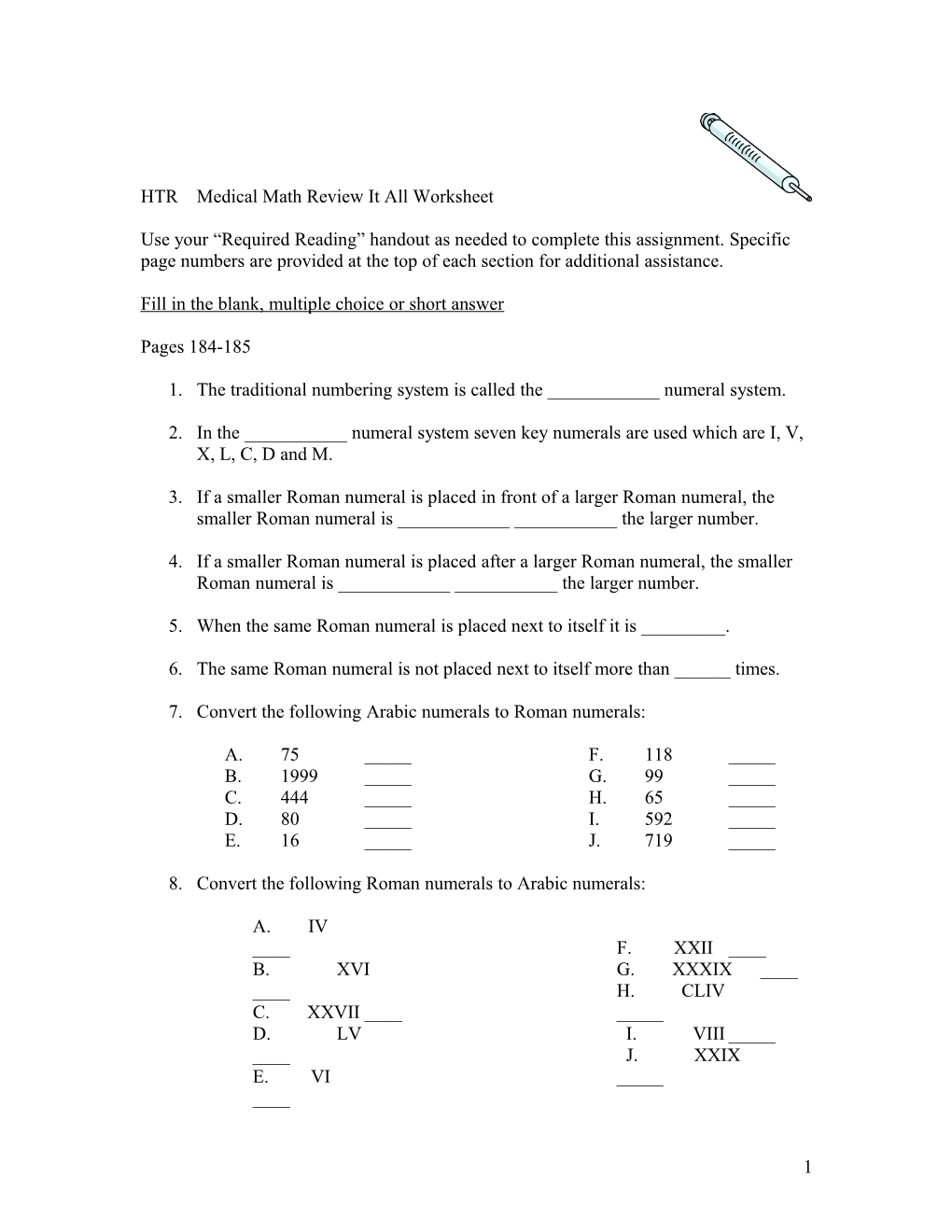 HTR Medical Math Review It All Worksheet