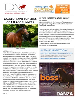 Galileo, Tapit Top Sires of a & Abc Runners