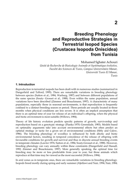 Breeding Phenology and Reproductive Strategies in Terrestrial Isopod Species (Crustacea Isopoda Oniscidea) from Tunisia