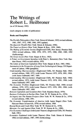 The Writings of Robert L. Heilbroner (As of 28 January 1992)