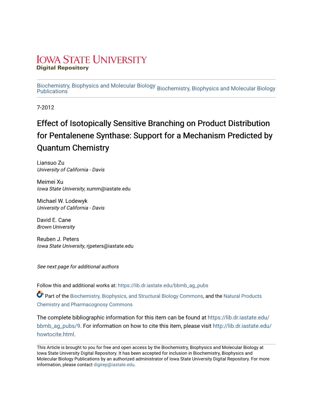 Effect of Isotopically Sensitive Branching on Product Distribution for Pentalenene Synthase: Support for a Mechanism Predicted by Quantum Chemistry